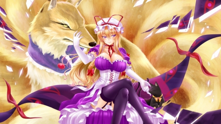 yukari 's pet is a kyubi - kyubi, fox, blond hair, pretty girl, yakumo yukari, purple dress