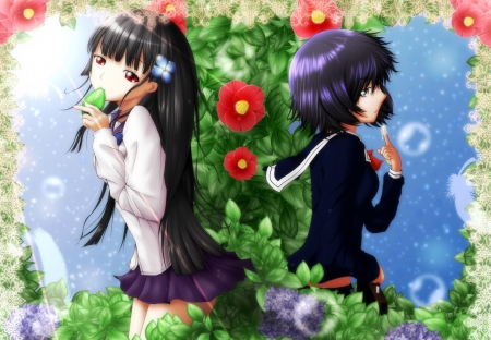 Flower Taste - flower, cute, beautiful, blossom, abstract, anime girl, adorable, girl, sparks, light, floral, glow, pretty, kawaii, short hair, beauty, bubbles, sweet, anime, hd, long hair, nice, lovely, black hair, female