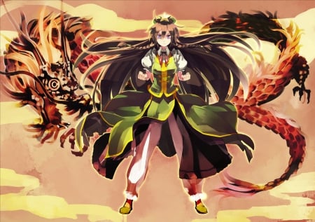 meiling's dragon fist style - meiling, pretty girl, dragon, long hair, green dress