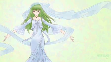 C.C. - nice, beauty, female, hot, cc, geass, simple, anime girl, elegant, white, gorgeous, pretty, anime, cute, maiden, lady, sexy, girl, long hair, code geass, gown, lovely, kawaii, plain, beautiful, sweet, green hair, dress