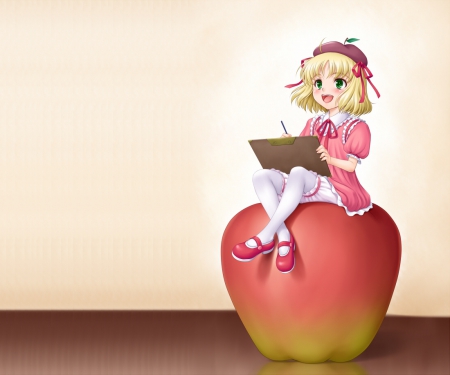 â™¡ Adore â™¡ - nice, realistic, female, blond, anime girl, book, blond hair, giant, pretty, blonde hair, anime, ribbon, apple, cute, short hair, adorable, girl, chibi, gown, lovely, fruit, cg, hd, tiny, green eyes, kawaii, 3d, sweet, huge, small, dress, blonde