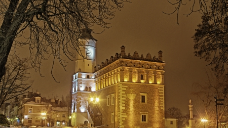 sandomierz poland on a winter night - town, lights, winter, clock tower, night