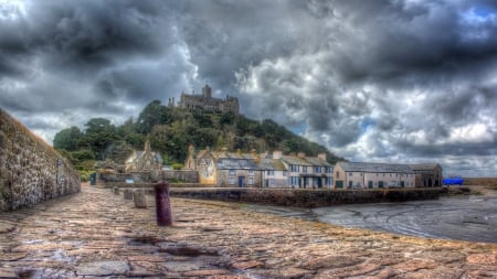 castle on st. michael's mount island off cornwall england hdr - hill, forest, clouds, castle, island, hdr, wharf