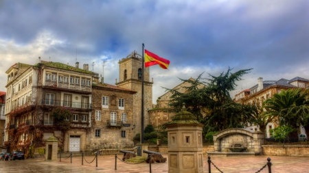 lovely square in la coruna spain hdr - square, town, overcast, hdr, cannons, flag