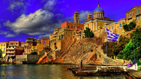 fantastic greek seaside town hdr - hill, town, hdr, seaside, church, flag, sky