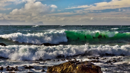 wonderful green waves - clouds, green, shore, sea, foam, rocks, waves