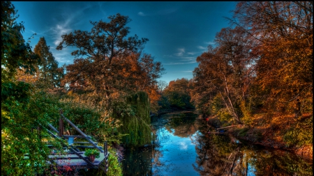 fantastic terrace on a beautiful river hdr - autumn, forest, terrace, river, leaves, hdr