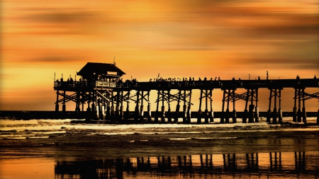 lovely fishing pier at sunset - people, fishing, beach, pier, sunset, sea