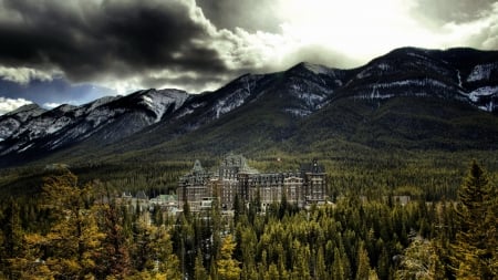 magnificent banff spring hotel in alberta canada - forest, mountains, hotel, clouds