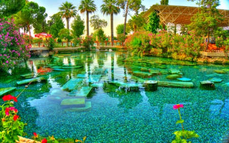 POOL RUINS - trees, pamukkale, ruins, green, hdr, pool, turkey