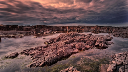 tidal pools in a rocky seashore - clouds, shore, pools, sea, rocks