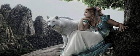 girl with wolf - wolf, painting, girl, tree, setting, rocks