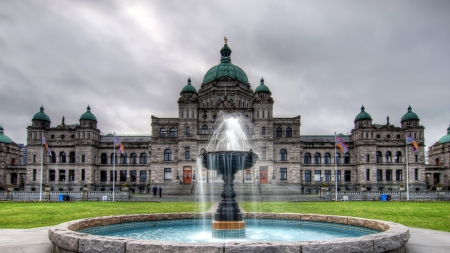 fountain in front of government building in victoria canada hdr - building, fountain, overcast, hdr, grass, government