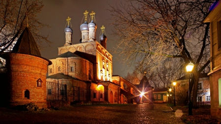 beautiful krutitsy russian orthodox church in moscow - orthodox, street, church, night, city, onion domes, lights