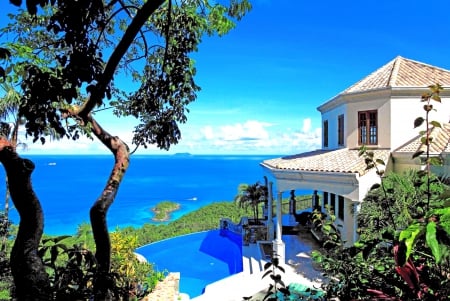 *** Hacienda in Tropics *** - tropiks, hacienda, nature, blue, ocean, houses, sky