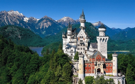 Neuschwanstein Castle, Bavaria, Germany - sky, windows, mountain, trees, neuschwanstein, water, nature, bavaria, forest, castle, blue, architecture, doors, green, towers, germany