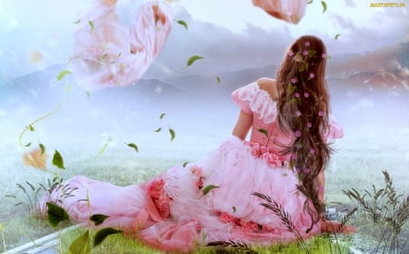 Pink Flower - flowers, fantasy, woman, grass, long hair