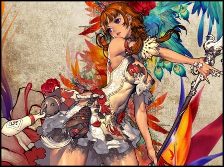 Snyp - beauty, aqua, magic, white, art, purple, yellow, pretty, multicolor, green, anime, girl, warrior, beautiful, red, flowers, sweet, dress