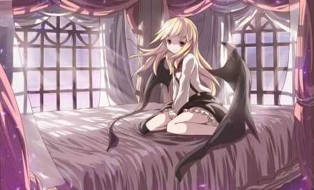 Touhou - beauty, girl, night, wings, black, purple, pretty, pink, beautiful, succubus, anime, sweet, cute, demon