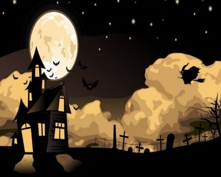 Halloween Night - Moon, Night, Graveyard, Bats, Witch, House