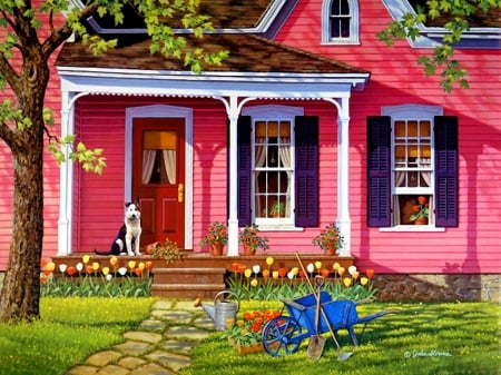 Sittin' pretty - pretty, alley, summer, grass, spring, cozy, god, home, flowers, path, garden, lvoely, sit, puppy, nice, art, cottage, house, trees, beautiful, freshness, sweet, nature, painting, peaceful, vilalge