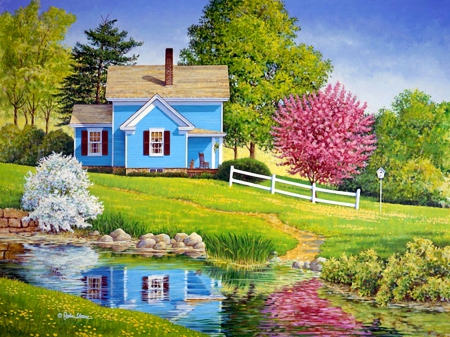 Spring magic - pretty, blossoms, grass, spring, reflection, flowering, calmness, flowers, path, lake, art, cottage, sky, house, trees, water, pond, lovely, freshness, blooming, colorful, nature, picture, painting, serenity, country, peaceful