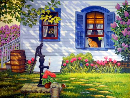 Sunlight and shadow - pretty, summer, window, bushes, grass, spring, cozy, home, flowers, path, countryside, nice, art, cottage, house, sunlight, trees, beautiful, lovely, freshness, rustic, shadow, cat, village, nature, painting, peaceful, rural