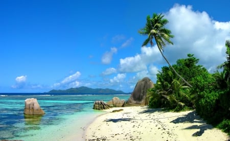 Seychelles - nice, sky, beach, tropics, water, clear, rocks, vacation, crystal, clouds, relax, sands, ocean, seychelles, palms, summer, tropical, lovely, exotic, nature, blue, beautiful, rest, island, stones, horizons, sea