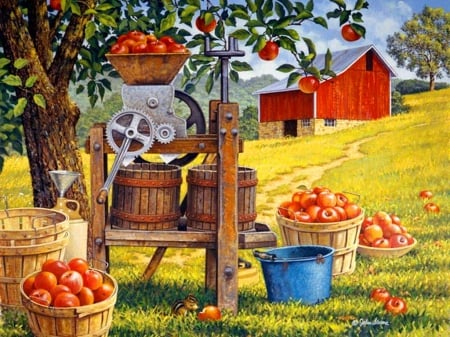 Cider time - pretty, calm, plenty, harvest, cider, countryside, apples, nice, fruits, art, cottage, house, trees, beautiful, lovely, village, colorful, nature, picture, time, autumn, juice, serenity, baskets, peaceful