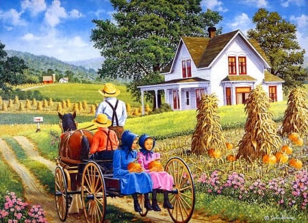 A perfect pair - girls, people, cart, parent, colorful, countryside, road, spring, cottages, horses, art, cool, children, garden, rustic, amish, country, pair, nature, beautiful, nice, sky, autumn, trees, peaceful, irls, perfect, path, painting, home, father, pretty, rural, walk, house, outdoor, houses, eautiful, summer, lovely, kids, picture, village, flowers