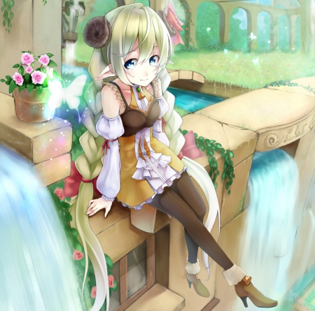 WaterFall - pretty, anime, female, twintail, dress, long hair, horns, nice, twin tails, gown, anime girl, water, twintails, beautiful, hot, girl, beauty, lovely, sweet, braids, butterfly, cute, sexy