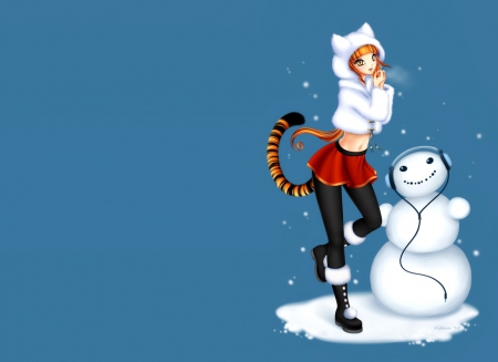 Neko n SnowMan - pretty, headphone, anime, kawaii, female, snow, tail, plain, hd, nice, neko, anime girl, snowman, winter, beautiful, hot, hood, girl, simple, beauty, lovely, sweet, cute, adorable, sexy