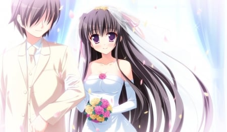 ♡ Couple ♡ - pretty, female, romantic, romance, happy, nice, gown, bride, groom, hot, wedding, love, flower, petals, bouquet, cute, floral, sexy, ouquet, anime, dress, bride and groom, guy, wed, long hair, boy, male, short hair, anime girl, girl, lovely, brown hair, sweet, handsome, lover, couple