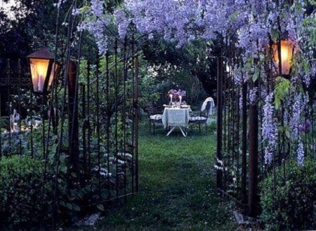 garden dinner by the candelight - nature, candelight, garden, table for two, dinner