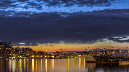 seattle harbor bridge at sunset - sunset, lights, ships, harbor, city, bridge