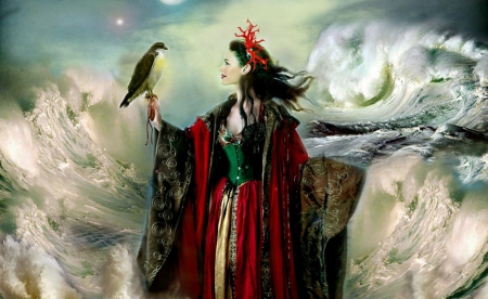 Woman and Hawk - beautiful, girl, fantasy, costume, digital, woman, hawk, art, wallpaper