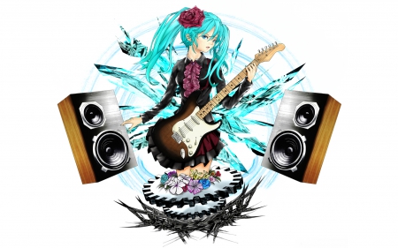 Rock Miku - hatsune miku, hatsune, base, guitar, voca, vocaloid, miku, cant think of a fourth