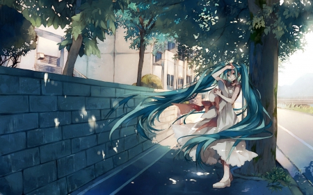 Hatsune Miku - hatsune, miku, cant think of a fourth, wind, windy, long hair, tree, hatsune miku, blue hair