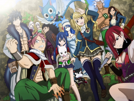 Fairy Tail - Cana Alberona, Lisanna Strauss, Fairy Tail, Wendy Marvell, Erza Scarlet, Natsu Dragneel, Carla, The Crew, Happy, Mirajane Strauss, Panther Lily, Gajeel Redfox, Gray Fullbuster, Lucy Heartfilia, Elfman Stauss