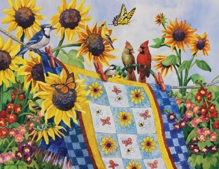 SUMMER BREEZE - quilts, sunflowers, puzzle, sun, quilt, floers, summer, patterns, square, patchs, cardenals, breeze, flowers, garden