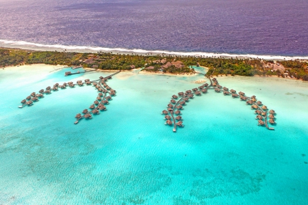 Aerial View of Paradise Tropical Island Bora Bora Resort - villas, aerial, sandbar, lagoon, blue, beach, island, polynesia, sand, south pacific, tahiti, aqua, view, atoll, hotel, bungalows, water, reef, sea, resort, ocean, vista, islands, coral, shallow, bora bora, clear