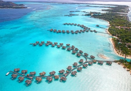 Aerial View down on Luxury Resort at Tropical Island Bora Bora Tahiti - villas, aerial, lagoon, blue, beach, island, sand, south pacific, holiday, view, atoll, exotic, paradise, hotel, french polynesia, bungalows, water, beautiful, sea, resort, ocean, islands, tropical