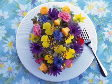 Plate of petals - flowers, plate, fork, petals