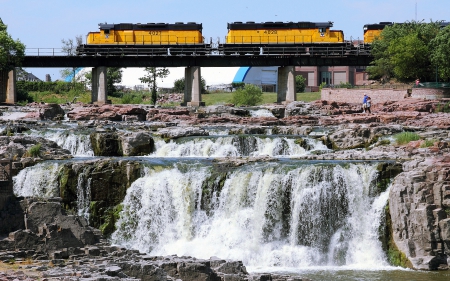 Sioux Falls, South Dakota - Train, Rocks, Waterfall, USA