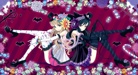 2 Cute Girls - women, girls, beauty, hot, black, purple, yellow, pretty, multicolor, green, anime, bats, beautiful, blue, flowers, sweet, candies, dress