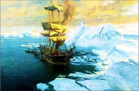 Exploring the Ice - water, arctic, frost, artwork, adventure, sailship