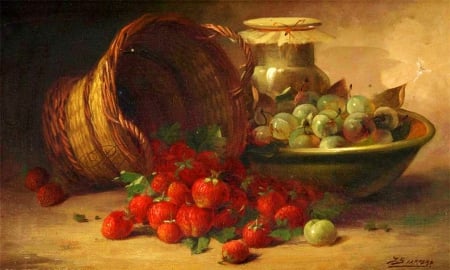 Still Life - gooseberries, bowl, fruits, strawberries, jug