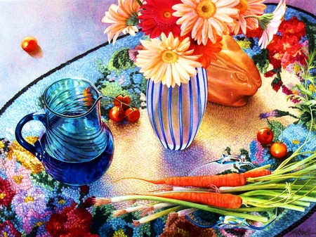 Flowers and Legumes - vase, carrots, gerbera, mug