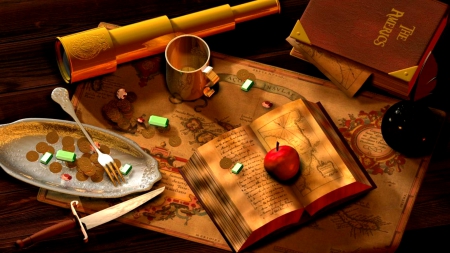 The pirate project - telescope, maps, book, still life, knife, cup