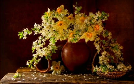 Still life - flowers, vase, basket, petals